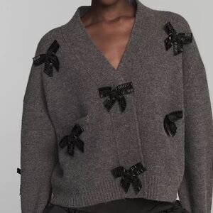 English Factory Bow-Embellished Crop Cardigan Sweater